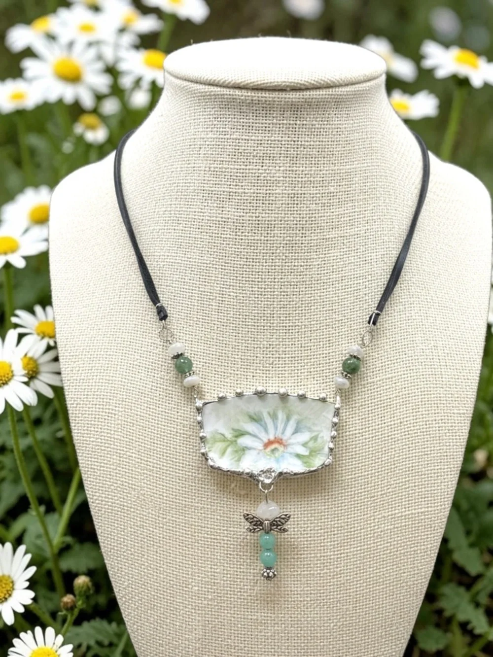 Broken China Daisies Pendant Jade Dragonfly Moonstone & Green Aventurine Leather